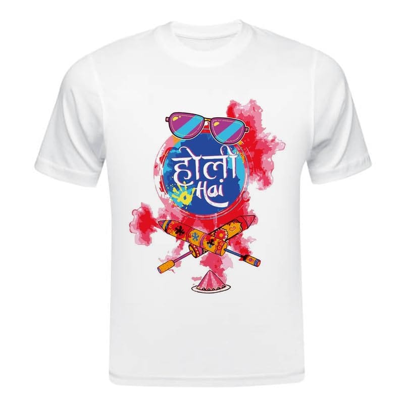 TERA MERA GIFT, Holi Printed T-Shirt, Happy Holi Festival T-Shirt, White Polyester, Reguler Fit, Round Neck, Short Sleeve, Unisex H108