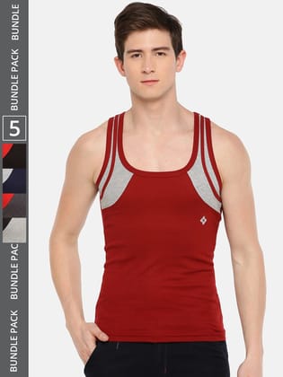 Men's Assorted Pack of 5 Solid Combed Cotton Racerback Styled Gym Vest