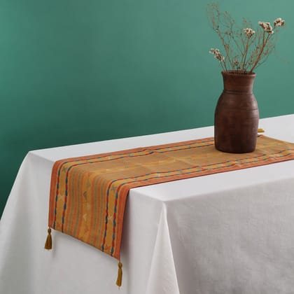 Mustard Cotton Handwoven Cotton Table Runner-Mustard, Brick Red, Navy Blue, Mustard, and White / Cotton / 12x35 inches