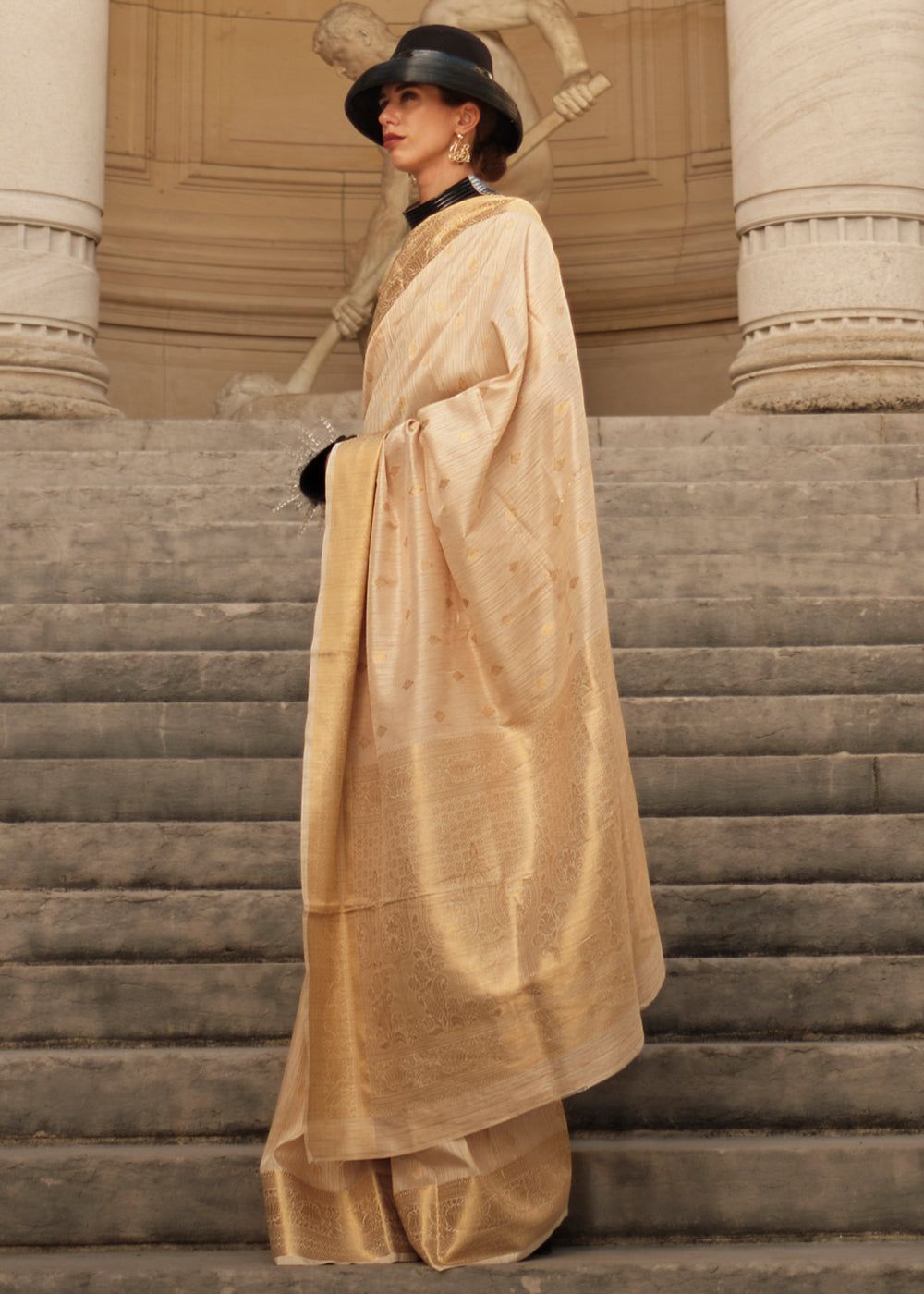 Cream Beige Woven Banarasi Khaddi Silk Saree