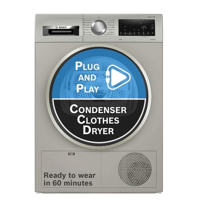 Bosch 8 kg Fully Automatic Front Load Condenser Tumble Dryer | 100% Drying, 0% Effort | 5 Drying Options | Reduces 99.9% Allergens | Ready-to-Wear No Crease (WPG23108IN, Silver Inox) Bosch 8 kg Fully Automatic Front Load Condenser Tumble Dryer | 100% Dry