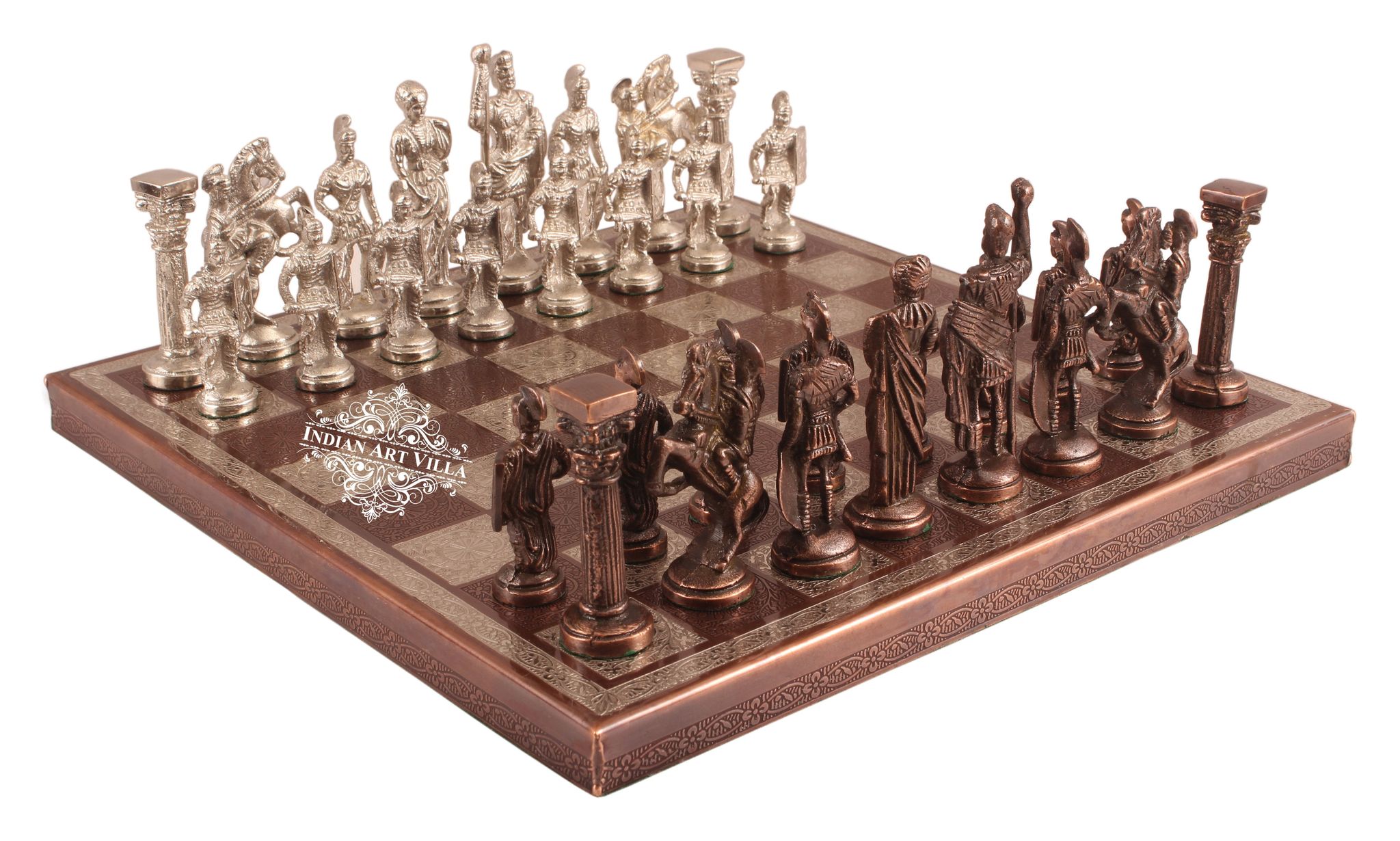 Brass Handmade Designer Chess Set with all Chessmen, Pieces, Home Decor-BrownSilver