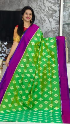 Pure Pochampally Ikkat Silk Body Color Green Border Pallu Purple