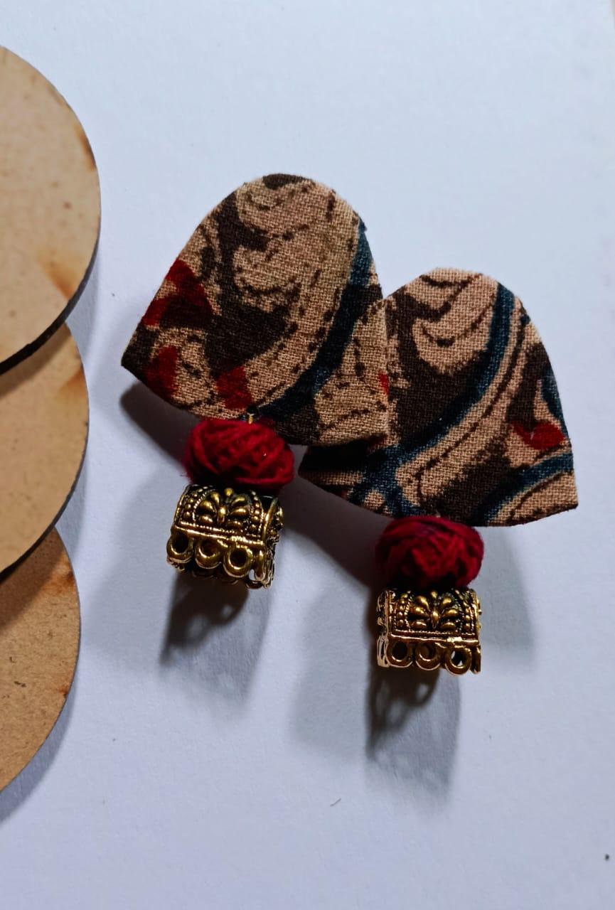 Elegant Fabric Earrings with Golden Zumka - Traditional Earthy Tone Jewelry
