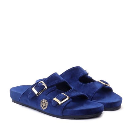 Buckled Slide-in Slippers in Blue Italian Velvet Material-40/6