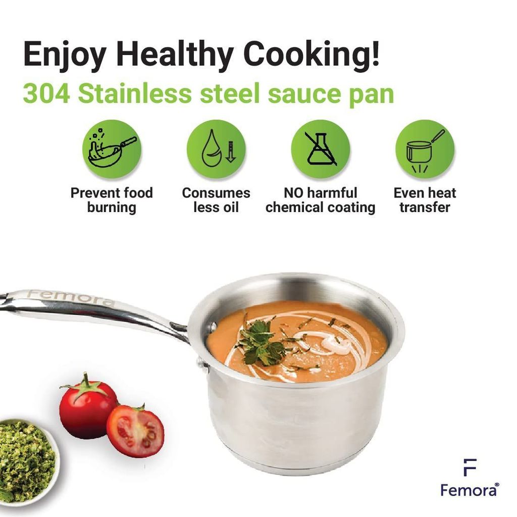 Femora Tri-Ply Sauce Pan, Induction & Gas Friendly Long Lasting, Naturally Non-Stick, 18 CM, 2.2 Liters, Silver