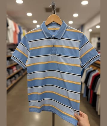 UNIBERRY Men Cotton Blend Regular Fit Striped Polo T Shirt ( Sky Blue )