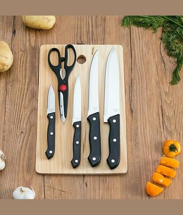 THRIFTKART - Stainless Steel Kitchen 5-Pcs Knife Set with Wooden Chopping Board & Scissor Vegetable & Meat Cutting (Set of 5 + 1 Wooden Chopping Board)
