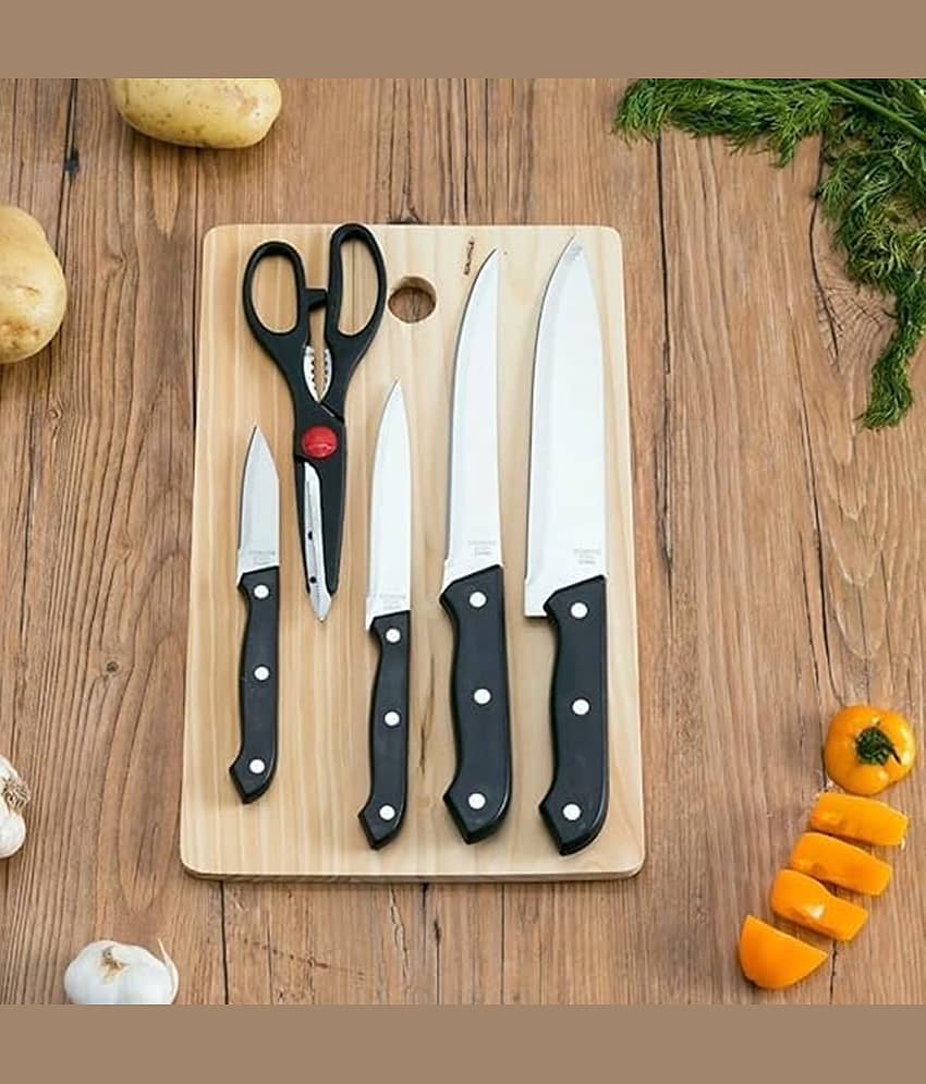 THRIFTKART - Stainless Steel Kitchen 5-Pcs Knife Set with Wooden Chopping Board & Scissor Vegetable & Meat Cutting (Set of 5 + 1 Wooden Chopping Board)