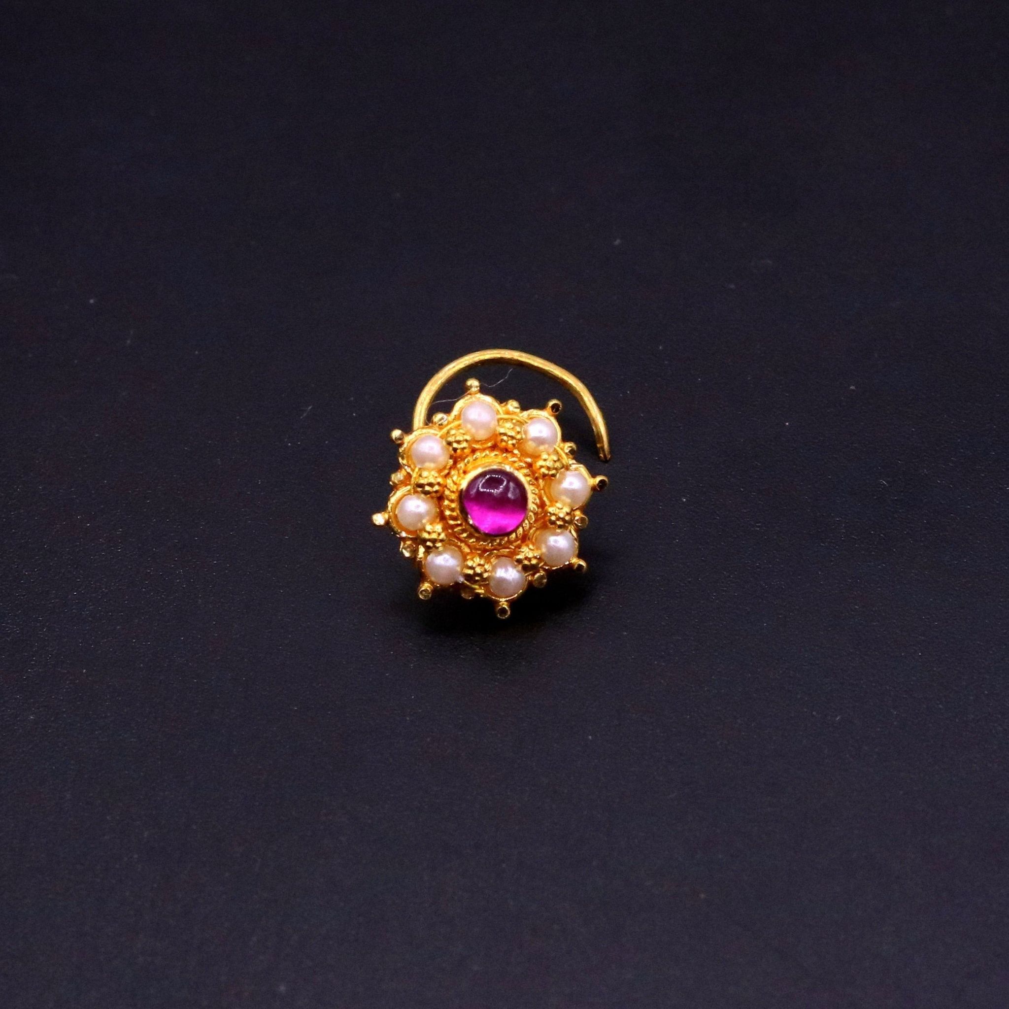20k yellow gold handmade fabulous red stone pearl nose pin excellent antique vintage design tribal jewelry gnp21