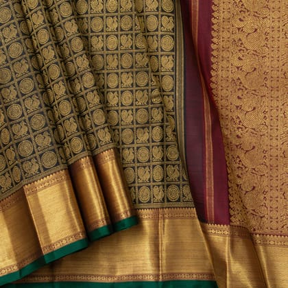 Black And Maroon Kanchipuram Silk Saree With Medium Border Handwoven Pure Silk For Festive Wear PV NYC 1252