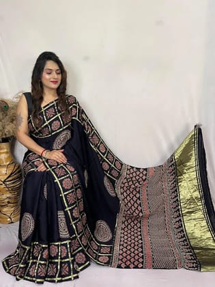 Modal Silk Original Hand Blocked Ajrakh work Lagdi Pallu Saree-Black