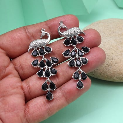 Black Color Fashion Earrings That Make A Strong Fashion Forward Statement-Earring Length: 5.50 CM x Width: 2.00 CM / Black / Alloy With Good Quality Silver Plated