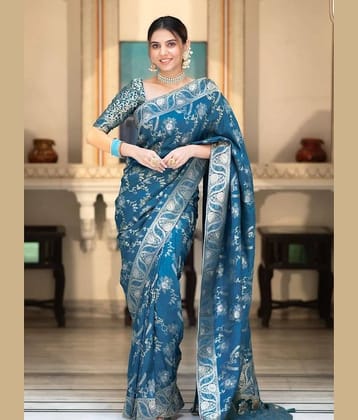 YUG ART Banarasi Silk Embellished Saree With Unstitched Blouse Piece ( Rama )