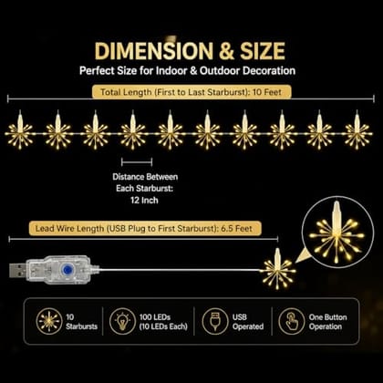 Light, 10 Bright Starbursts Design Sparckle 10Ft Light with USB 8 Mode Operated for Diwali, Home Decoration,