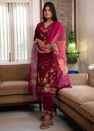 Wine Purple Embroidered Silk Suit-Set of 3-S