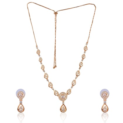 Stylish 18k Rose Gold Plated American Diamond Chain Pendent Necklace & Earrings Set for Women & Girls, Luxury AD Pendant Gift Set for Women, Girls & Her-rose gold