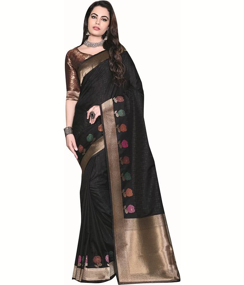 Aarrah Silk Saree With Unstitched Blouse Piece ( Black )