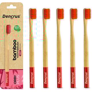 DENCRUS Orby Plus Bamboo Toothbrush For Adults Soft Bristles For Gentle Cleaning - Pack of 5 (Red)