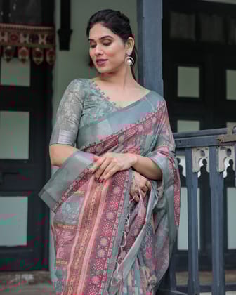 Pink and Maroon Pure Cotton Linen Saree with Blouse and Tassels - Floral Design with Leaf Patterns-Regular