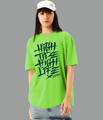 Leotude Women Cotton Blend Printed Oversized Fit Round Neck T-Shirt ( Green )