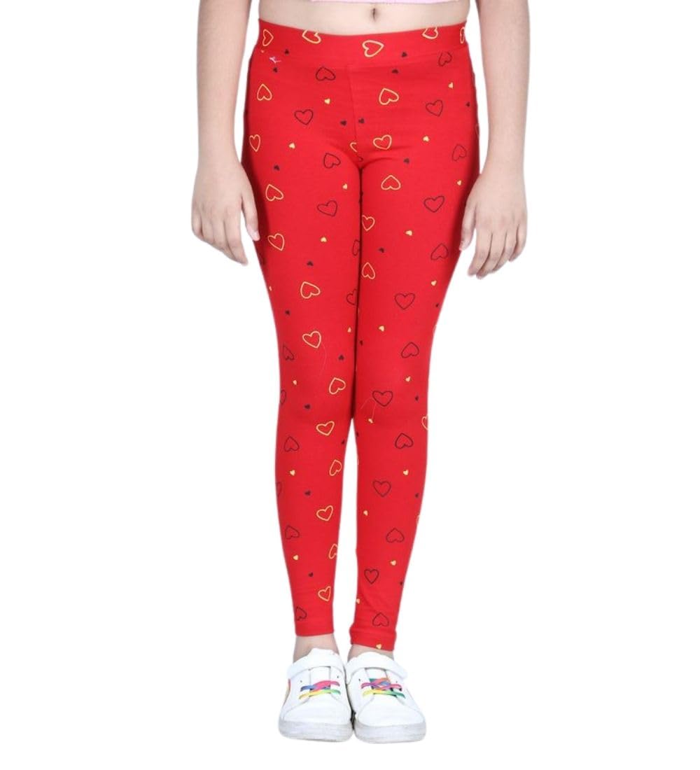 Girl's Cotton Blended Printed Elasticated Leggings (Red, 11-12-Yrs)-PID66129