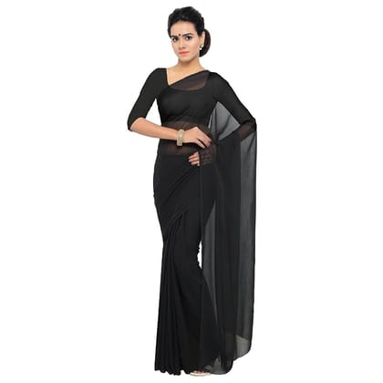 Generic Women's Georgette Plain Saree With Blouse (Black, 5-6  Mtr)