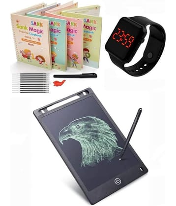 Combo Of 3 Pack - Sank Magic Practice Copy Book & LCD Writing Tablet Slate & Stylish Digital Black Display Square LED Watch Multicolor By Vinay Book Store