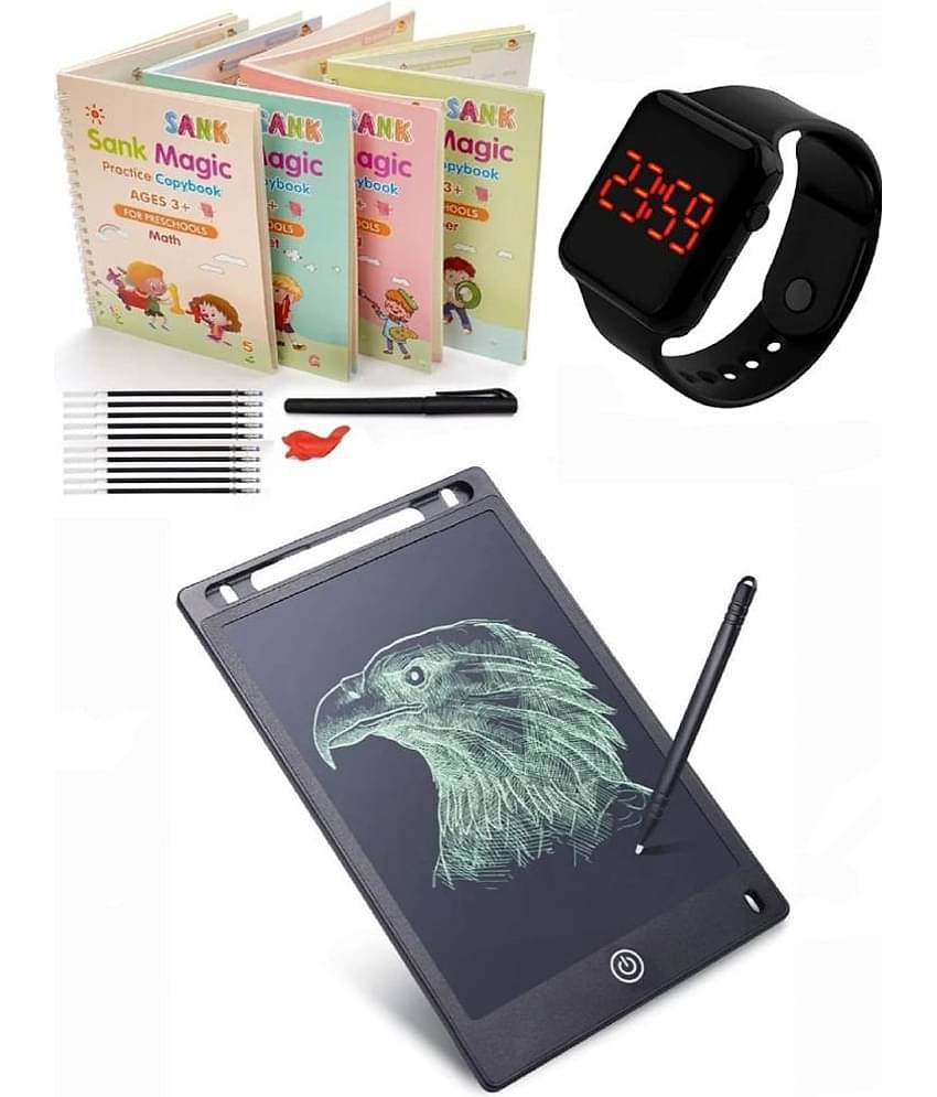 Combo Of 3 Pack - Sank Magic Practice Copy Book & LCD Writing Tablet Slate & Stylish Digital Black Display Square LED Watch Multicolor By Vinay Book Store