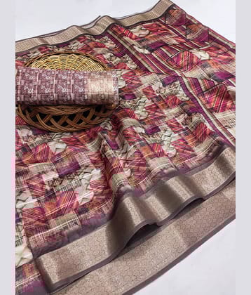 BAYUPRI Organza Printed Saree With Unstitched Blouse Piece ( Maroon )