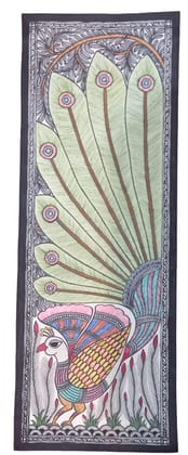 Stunning Madhubani Peacock Painting - Vibrant Multi-Colored Art for Home Decor - 30x11 Inches