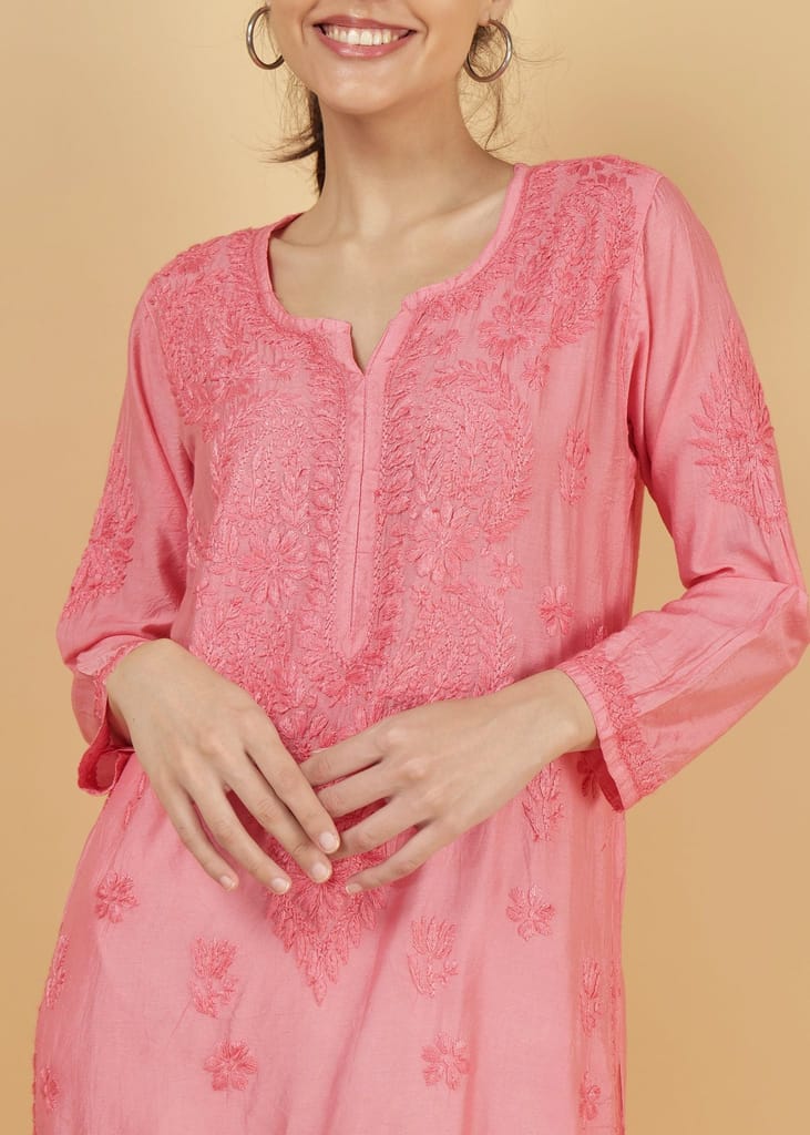 Chanderi Silk Hand Embroidered Long Pink Festive Kurta