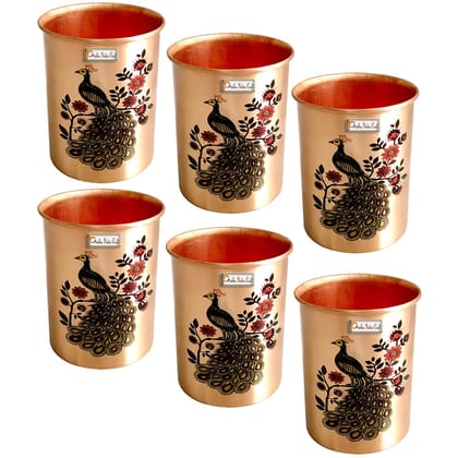 Printed Copper Glass Tumbler 300 ML Peacock Design Pack of 6