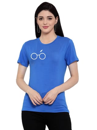 Women's Cotton Blend Right Corner Black Eye Glasses Line Art Printed T-Shirt XL (Blue)