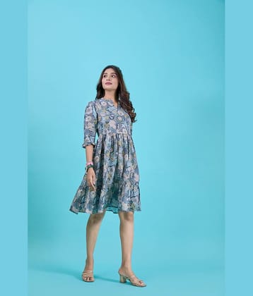Amarasha Women Crepe Printed Fit & Flare Dress ( Blue )