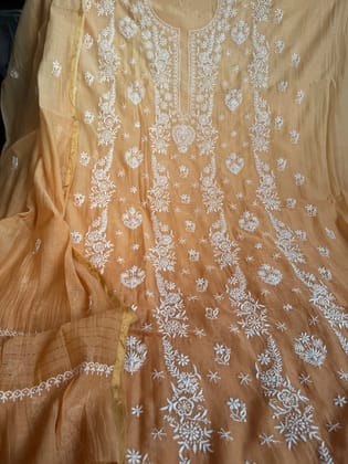 Mul Chanderi Chikankari Unstitched Length with Dupatta -Beige Ombre-Turkish Blue / Mul Chanderi / Pearl Work