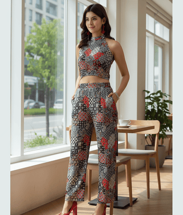 Rigo Women Printed Top With Trousers Co-Ord Set ( Blue )