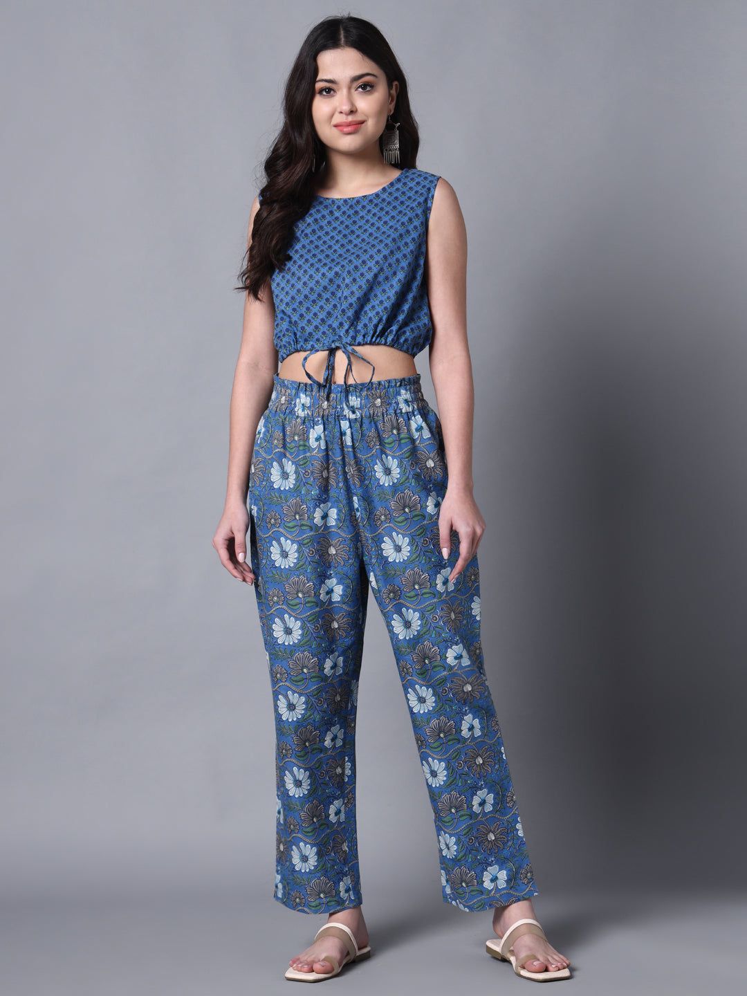 Blue Print Casual Crop Top And Pant Fusion Set-XL