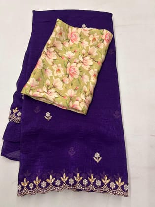 New Chiffon Embroidery n Diamond Work Partywear Fancy Designer Saree With Blouse-Purple
