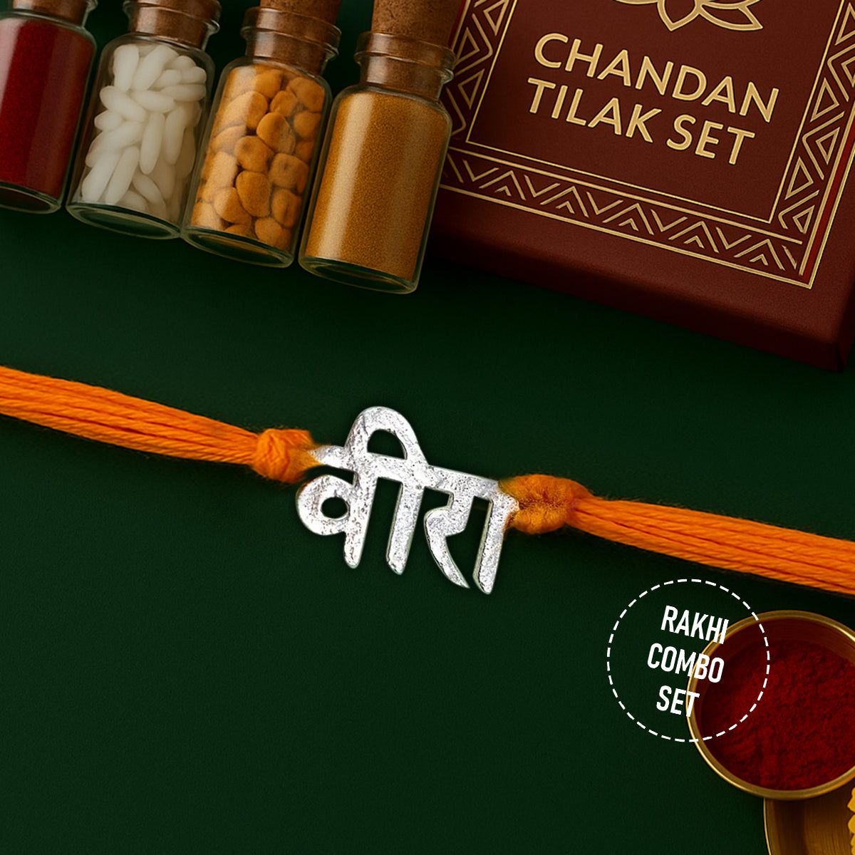Pure 92.5 silver Veera Rakhi with Chandan Tilak Set