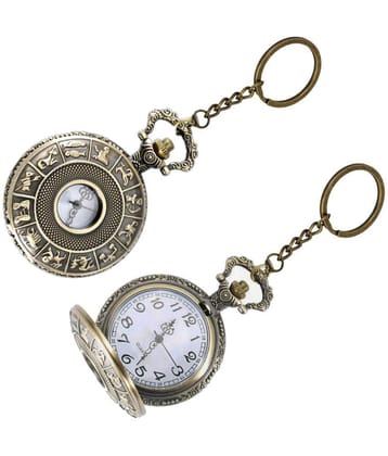 Gala Time Zodiac Signs Theme Designer Pocket Watch Vintage Premium Analog Clock Antique Metallic Keyring Gift Key Chain
