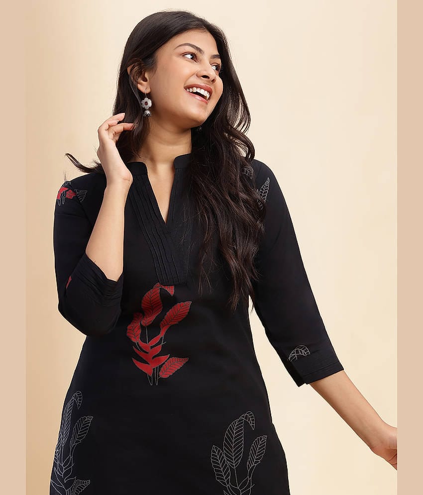 Vbuyz Women Cotton Printed Straight Kurti With Palazzo ( Black )