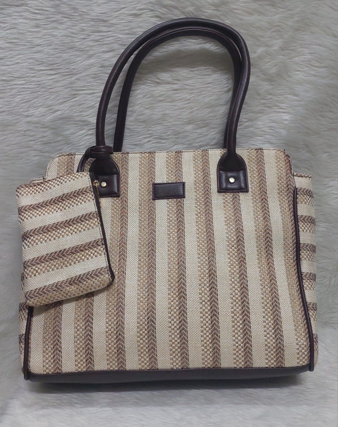 Stripped Cotton Azrak Print Jute Tote Bag with Complimentary Pouch