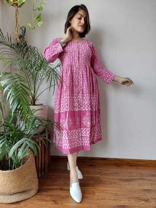 Idyllic Blockprinted Cotton Rose Pink Long Dress-36(S)