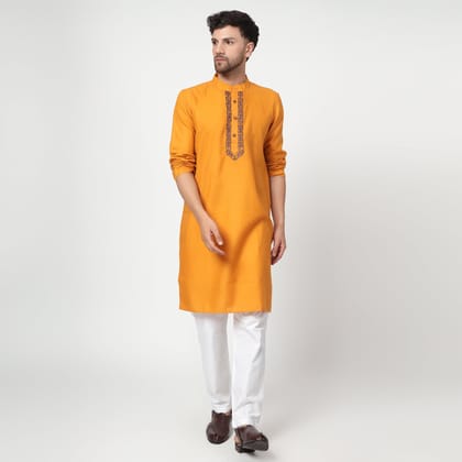 yellow Men's band collar cotton silk kurta-XS