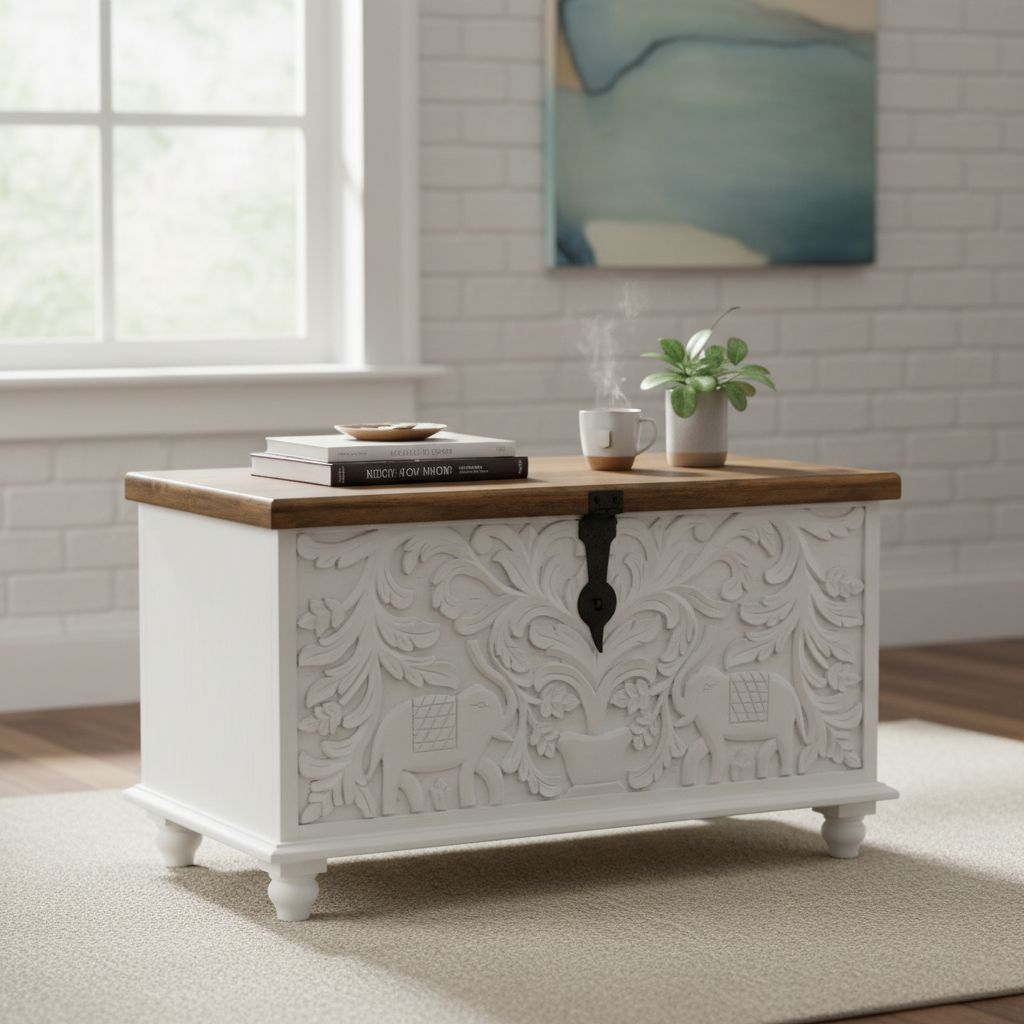 Wooden Carved Trunk Box Side Coffee Table