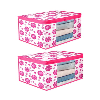Bindian Multipurpose Saree Cover for Wardrobe Storage | Premium Non-Woven Fabric Cloth Organizer Box with Transparent Window & Zipper | Ideal for Storing Sarees & More (Pink Flower, Pack of 2)