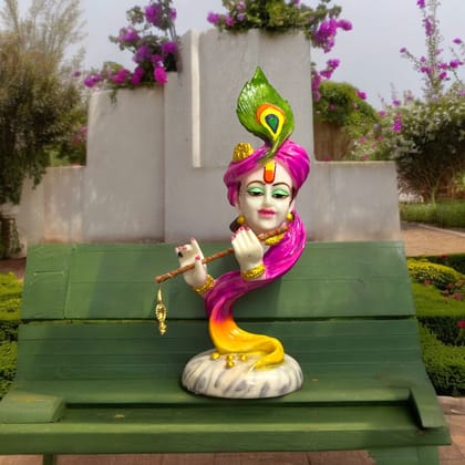 Curved Pagadi Krishan with Basuri Marble Look Colourful Idol, H- 12 inches-Composite Marble