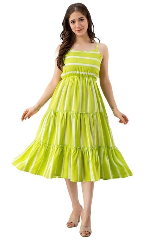 Women's Casual Sleeveless Striped Crape Dresses (Parrot Green, L)-PID46924