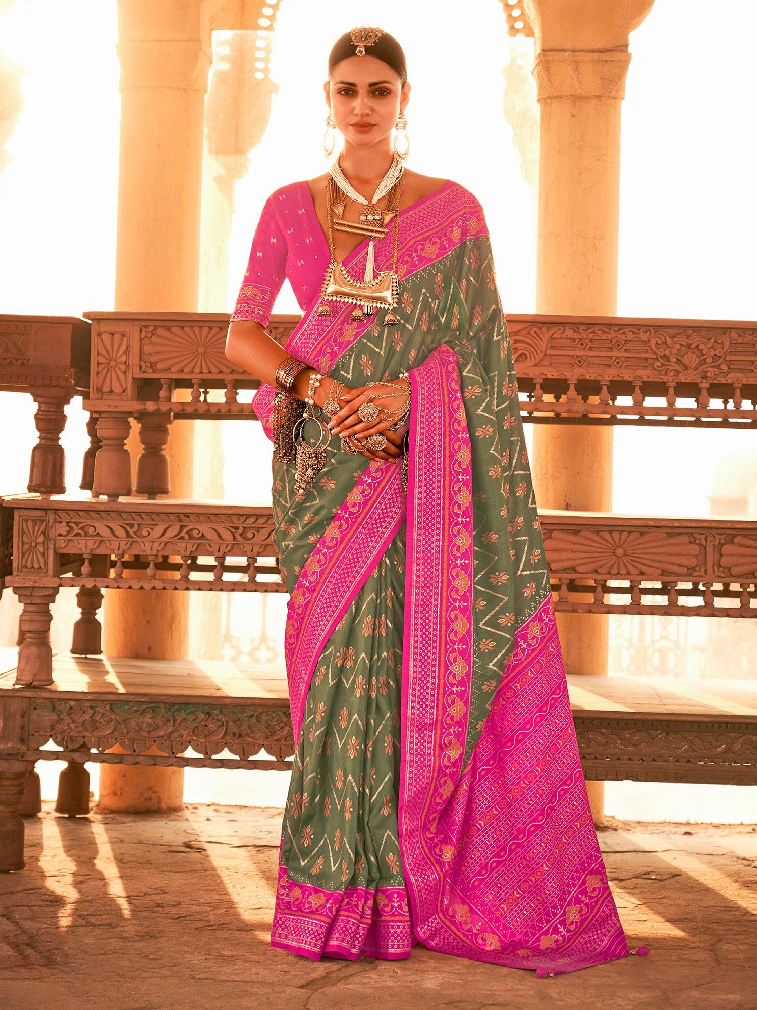 Heena Green Gold Printed Patola Silk Saree
